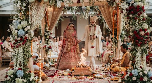 Bride and groom celebrating their wedding beneath a floral mandap
